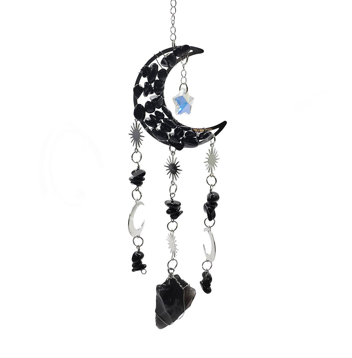 Decorative hanging suncatcher with black obsidian crescent moon, crystals, and stars on a white background