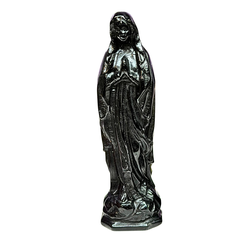 A Black Obsidian figurine of the Virgin Mary, standing on a hexagonal base against a plain white background.