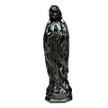 A Black Obsidian figurine of the Virgin Mary, standing on a hexagonal base against a plain white background.