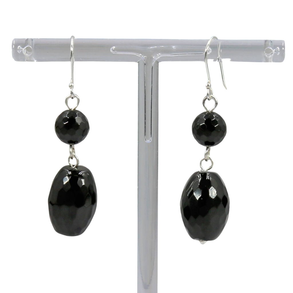 Black Onyx Drop Earrings on a White Background
