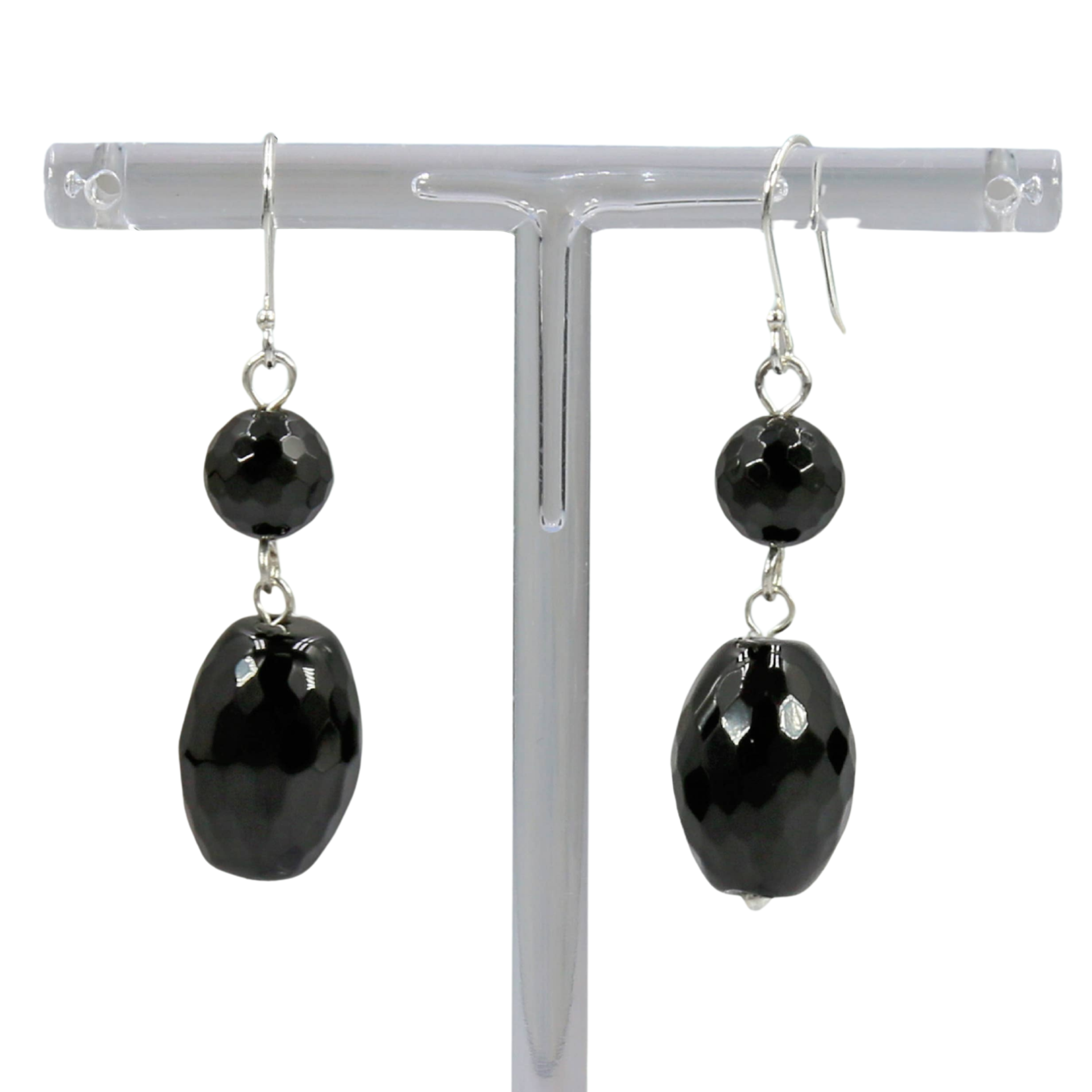 Black Onyx Drop Earrings on a White Background