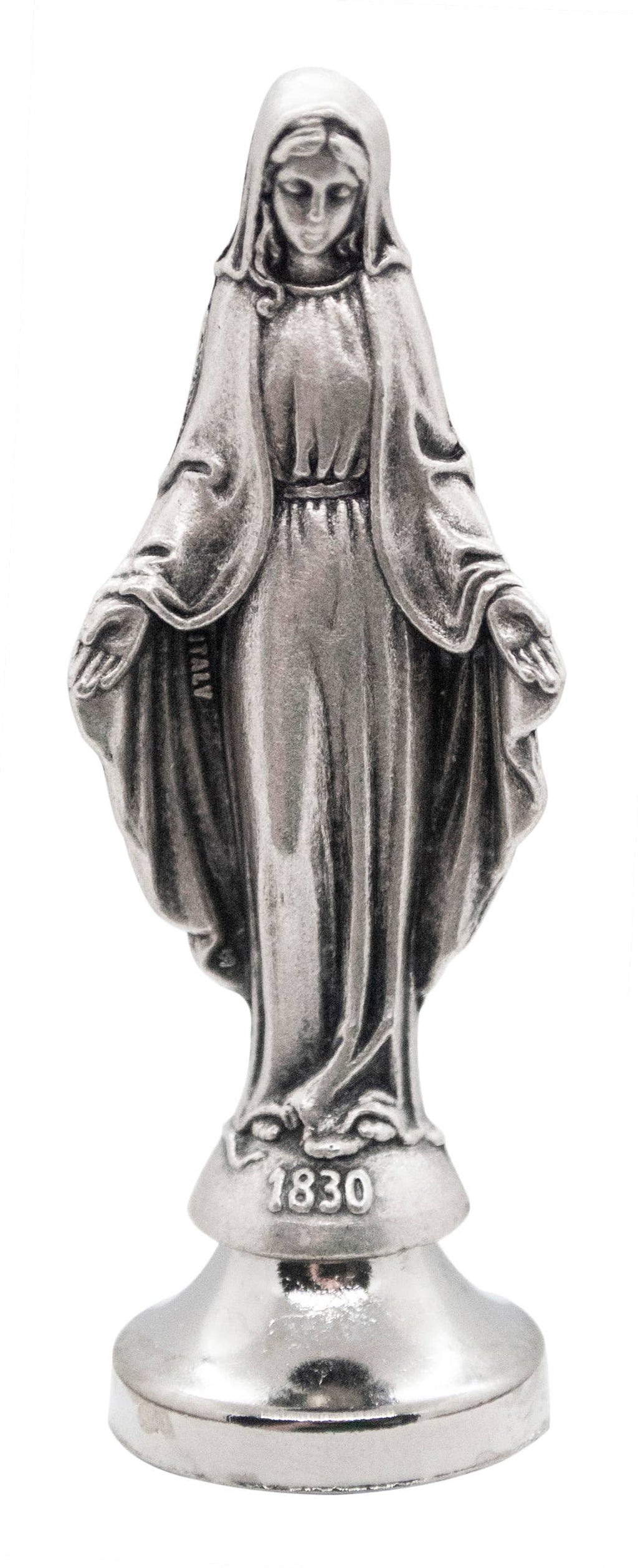 A silver-toned metal statue of the Virgin Mary standing on a circular pedestal base, with '1830' engraved near the base, shown against a plain white background.