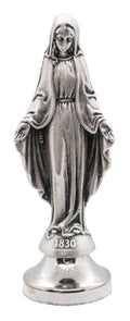 A silver-toned metal statue of the Virgin Mary standing on a circular pedestal base, with '1830' engraved near the base, shown against a plain white background.