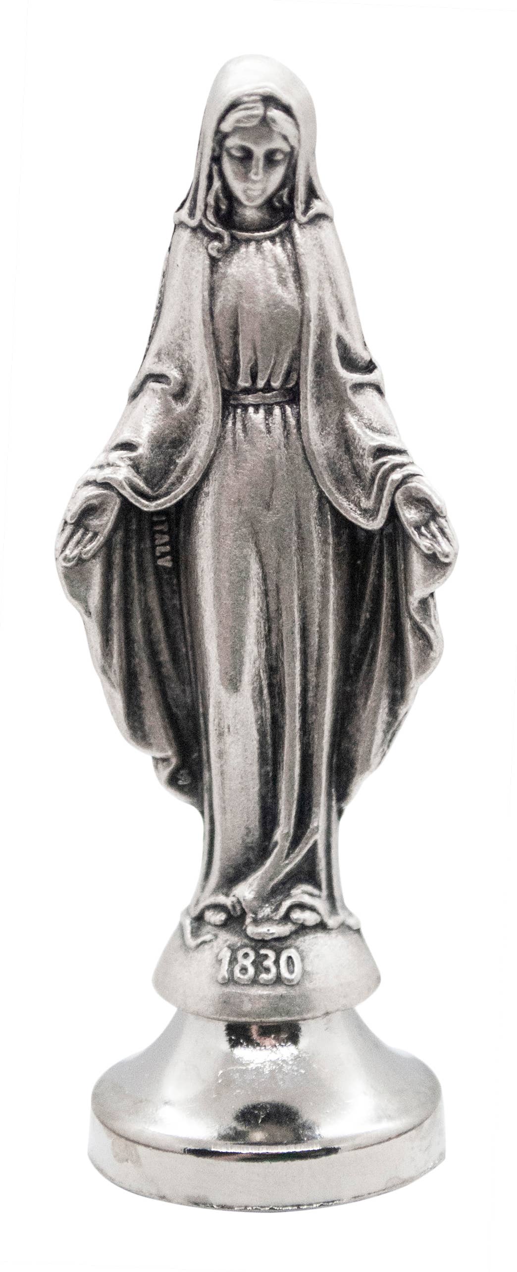A silver-toned metal statue of the Virgin Mary standing on a circular pedestal base, with '1830' engraved near the base, shown against a plain white background.
