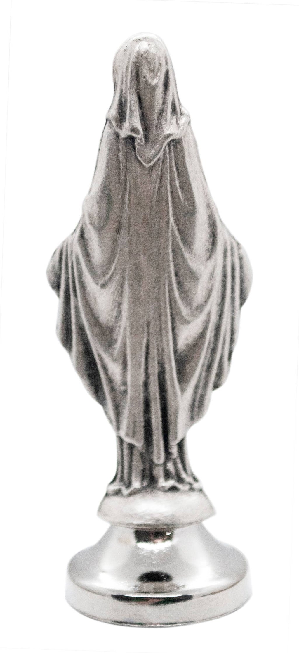 A small silver-toned figurine of a draped ghost or spirit standing on a round pedestal, photographed against a plain white background.