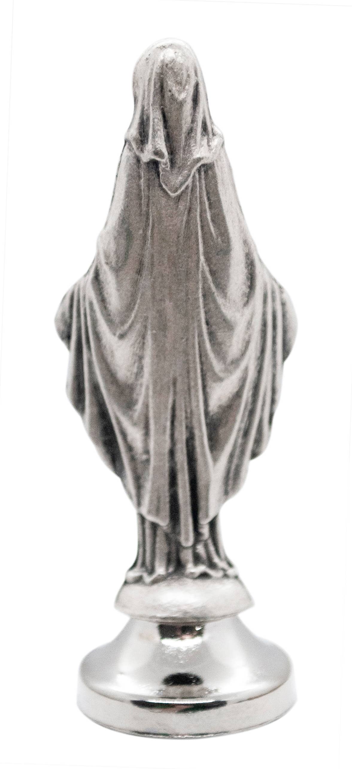 A small silver-toned figurine of a draped ghost or spirit standing on a round pedestal, photographed against a plain white background.