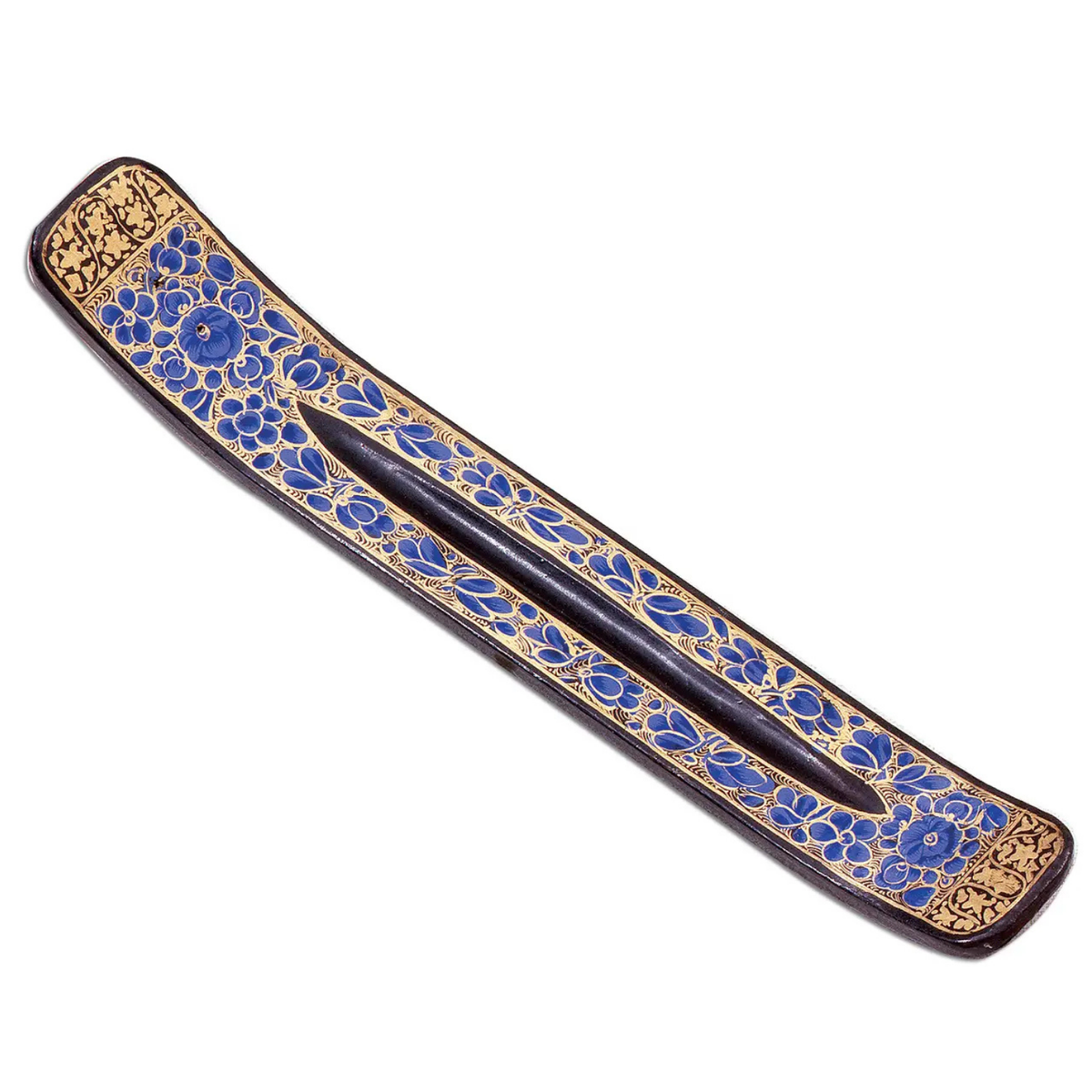 Hand-painted black incense holder with blue cornflowers and gold accents on a white background