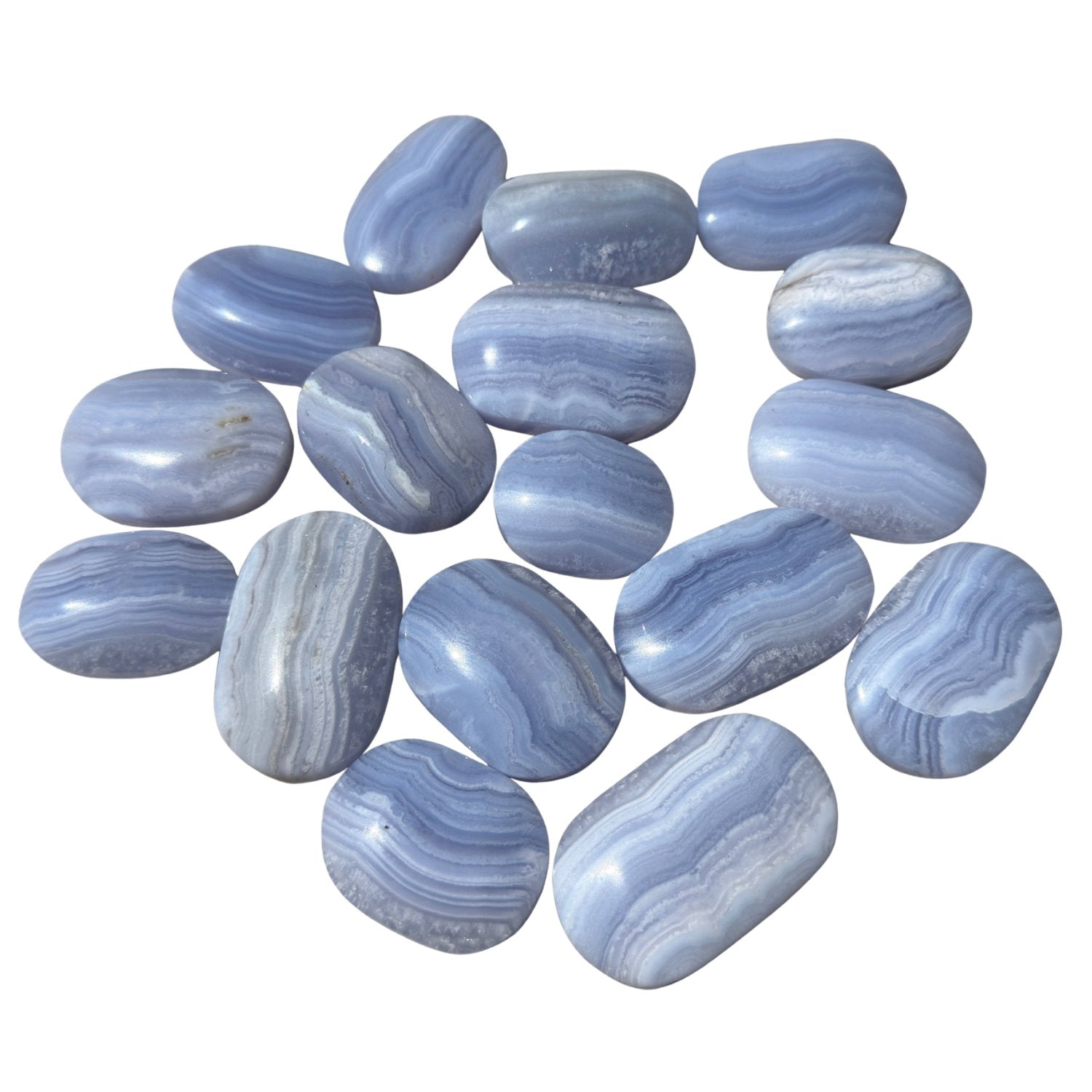 A group of polished blue agate tumbled stones with natural banding.