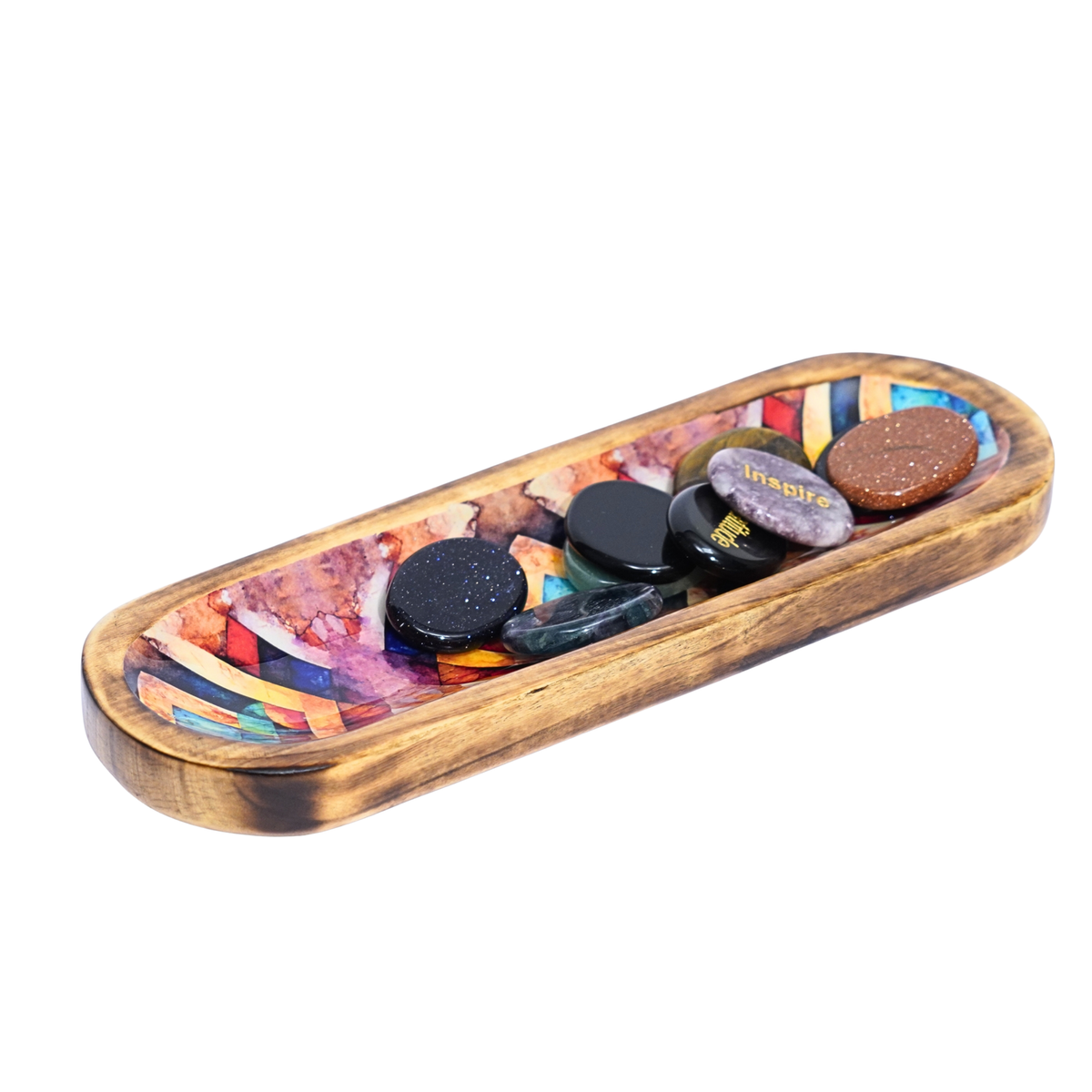 Boho Mosaic Wooden Tray Incense Burner with tumbled stones