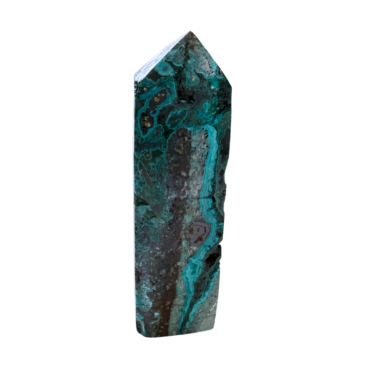 Chrysocolla Obelisk Specimen on a White Background