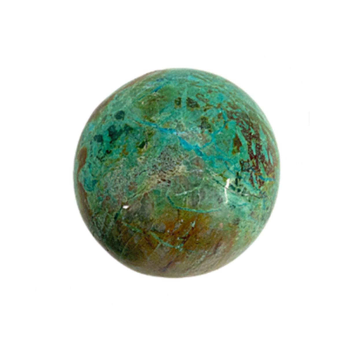 Chrysocolla Sphere Approx 2.125 inches on a white background