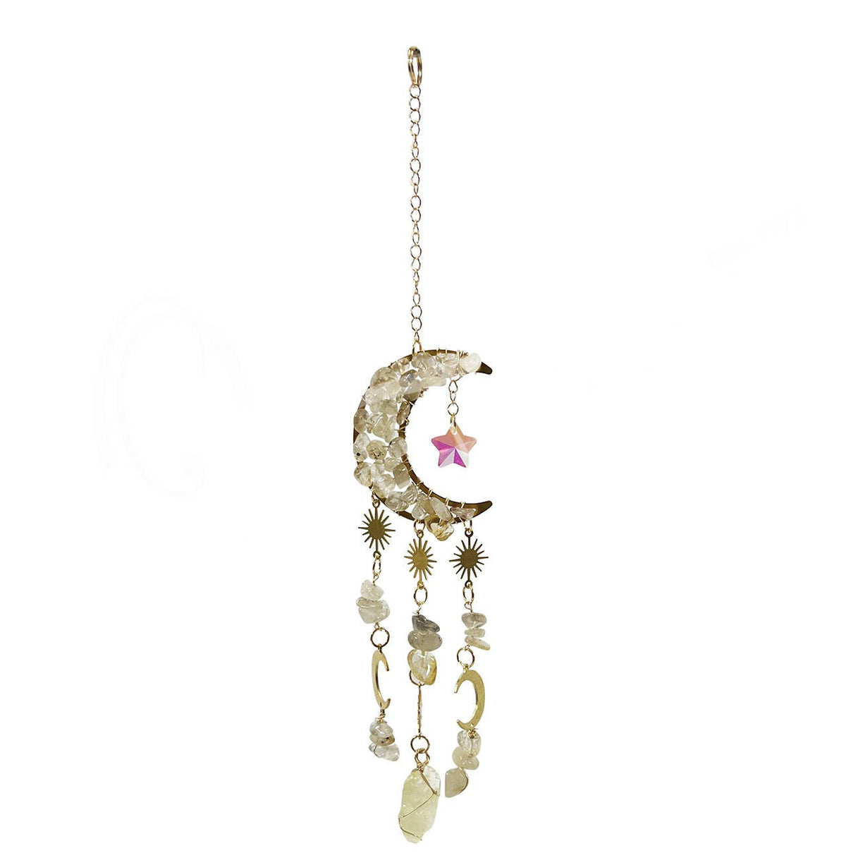 A celestial citrine moon and star suncatcher featuring a gold citrine crescent moon, a star, and dangling citrine beads on a white background.