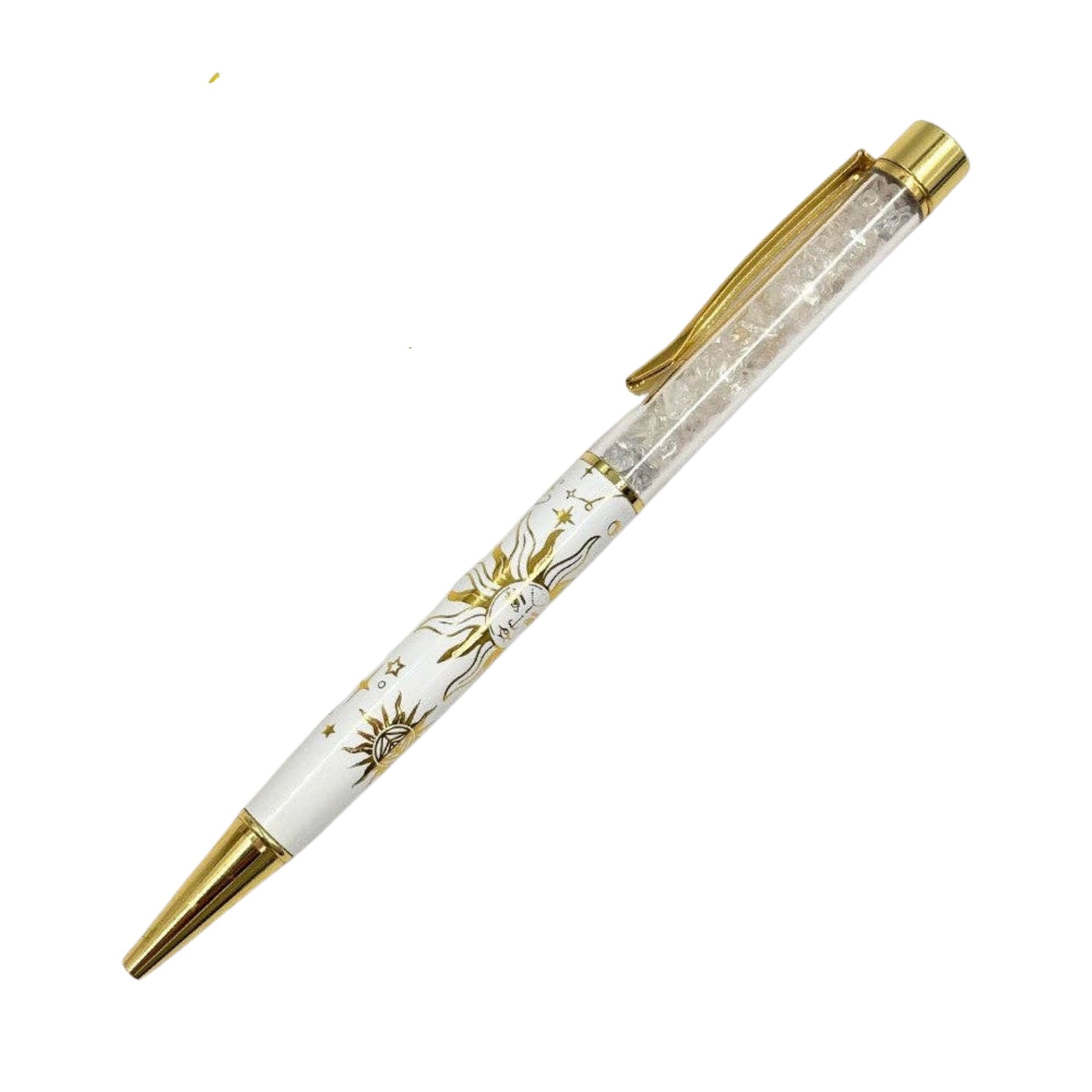 A white ballpoint pen with gold metallic accents, featuring a gold sunburst design and gold star details on a clear, glittery barrel, set against a plain white background.