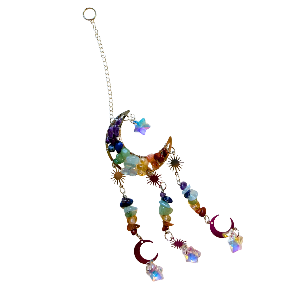 Crescent Moon Chakra Chip Suncatcher on a white background