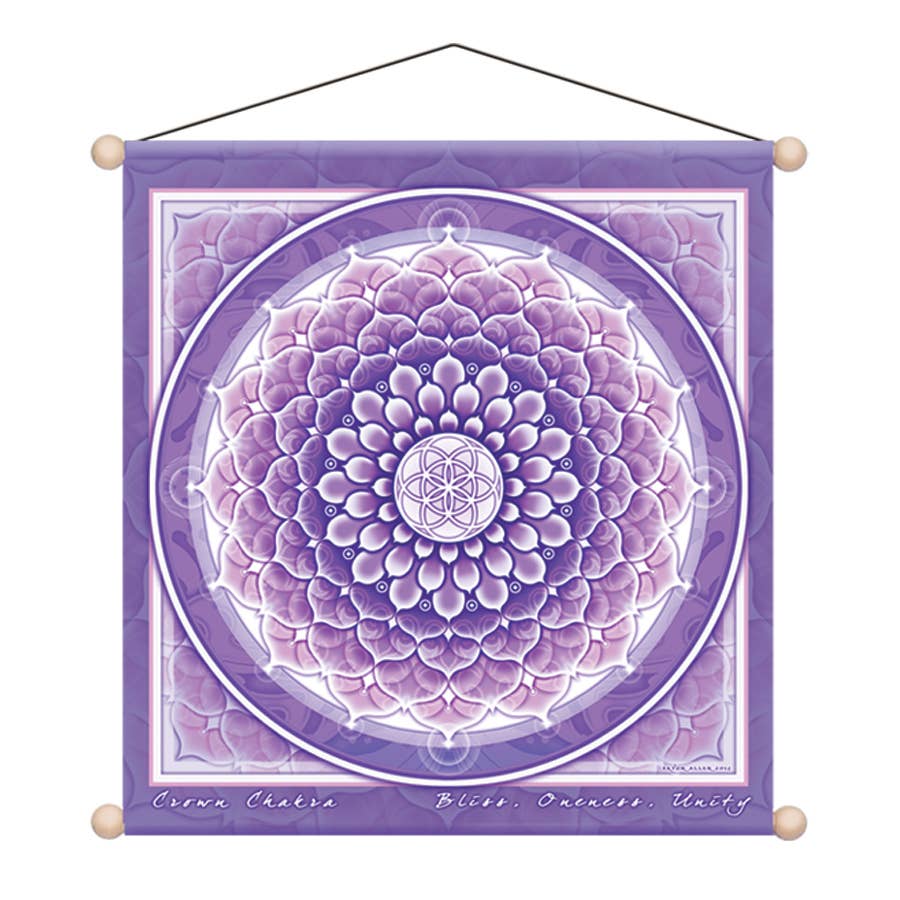 A square purple wall hanging tapestry featuring a large circular mandala design in shades of lavender and purple, with a central geometric symbol. The tapestry has a hanging cord and wooden beads at the corners, shown against a plain white background.