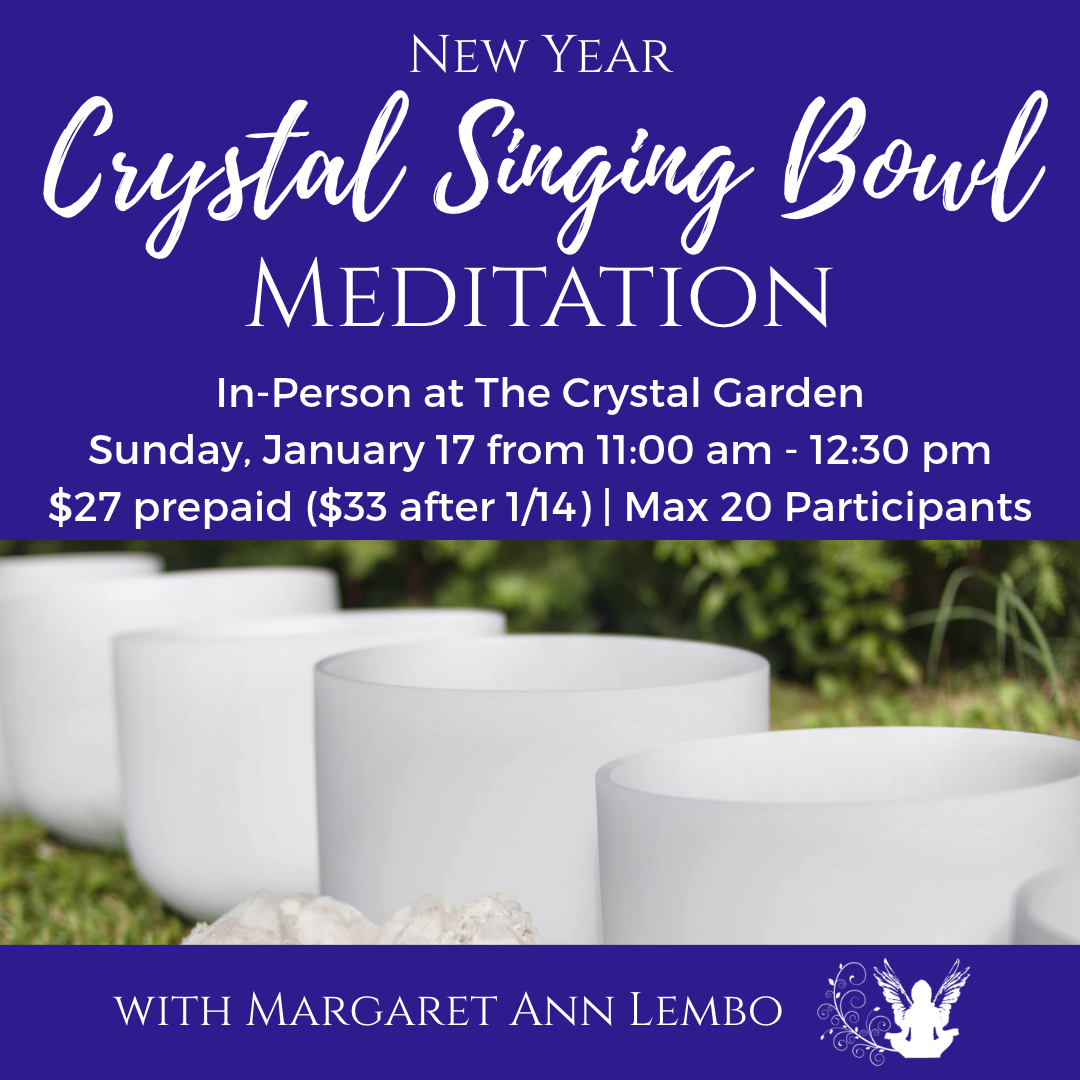 Crystal Singing Bowls in the grass with information about the Crystal singing bowl event