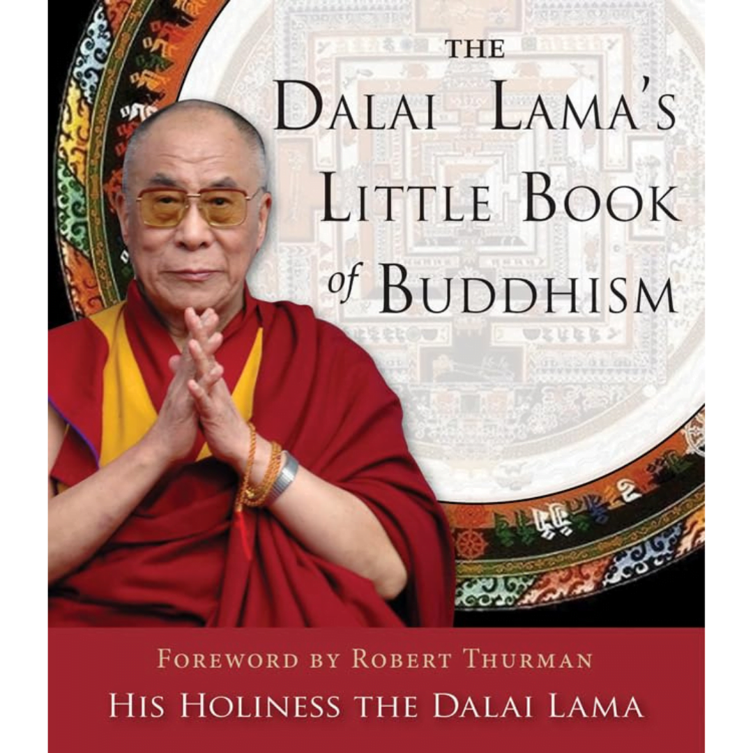Book cover of 'The Dalai Lama's Little Book of Buddhism' with the Dalai Lama on a decorative background.
