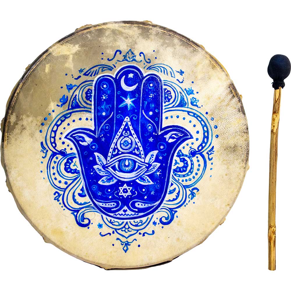 A circular Hamsa hand drum with a blue and white Hamsa design on a beige drumhead, shown next to a wooden mace head on a white background.