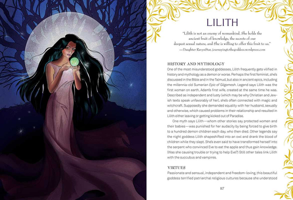Illustration of Lilith with long dark hair and a pink dress, holding a green apple, with text on the right side.