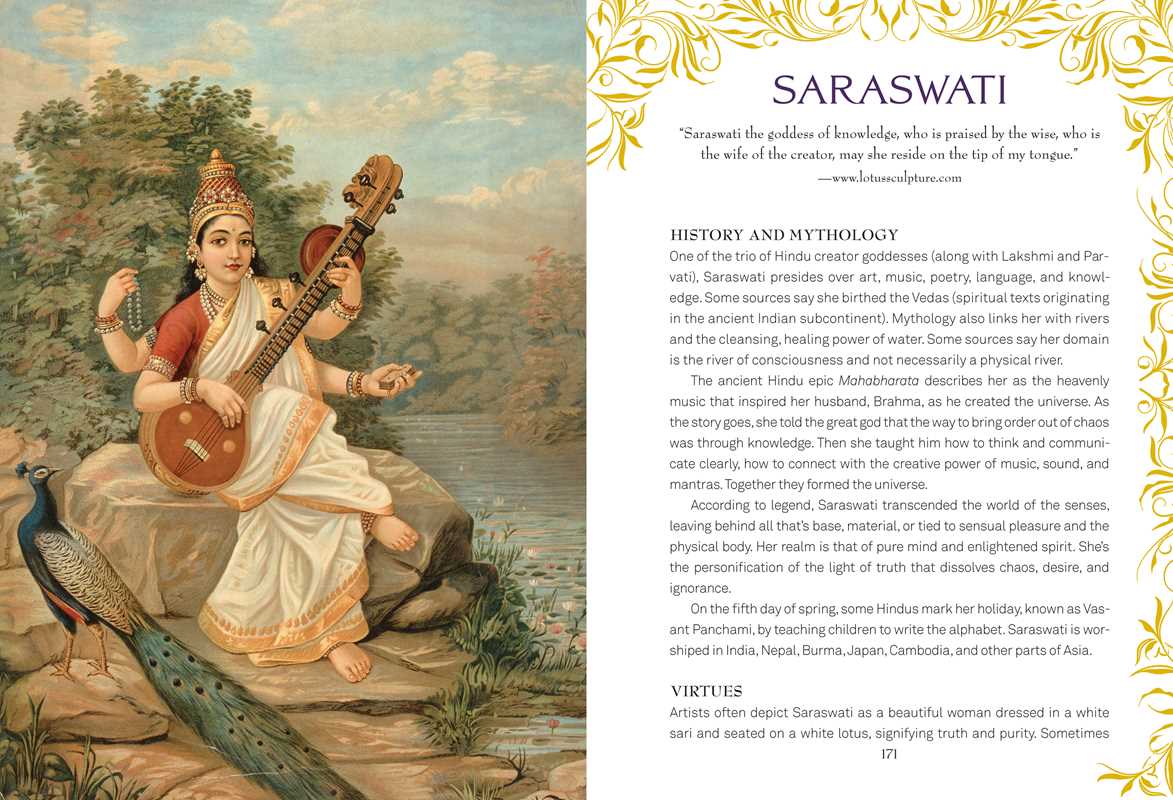 Illustration of Saraswati playing a musical instrument with peacock on the side, accompanied by text.