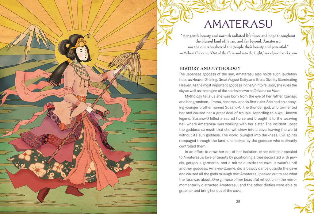 Illustration of Amaterasu with Japanese landscape and text on a book page.