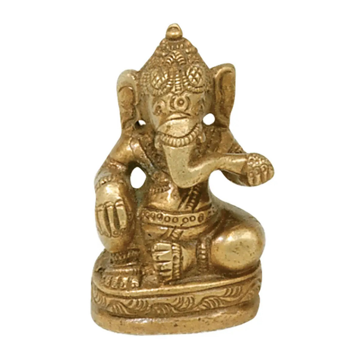 Ganesha Statue in a sitting pose made of brass on a white background