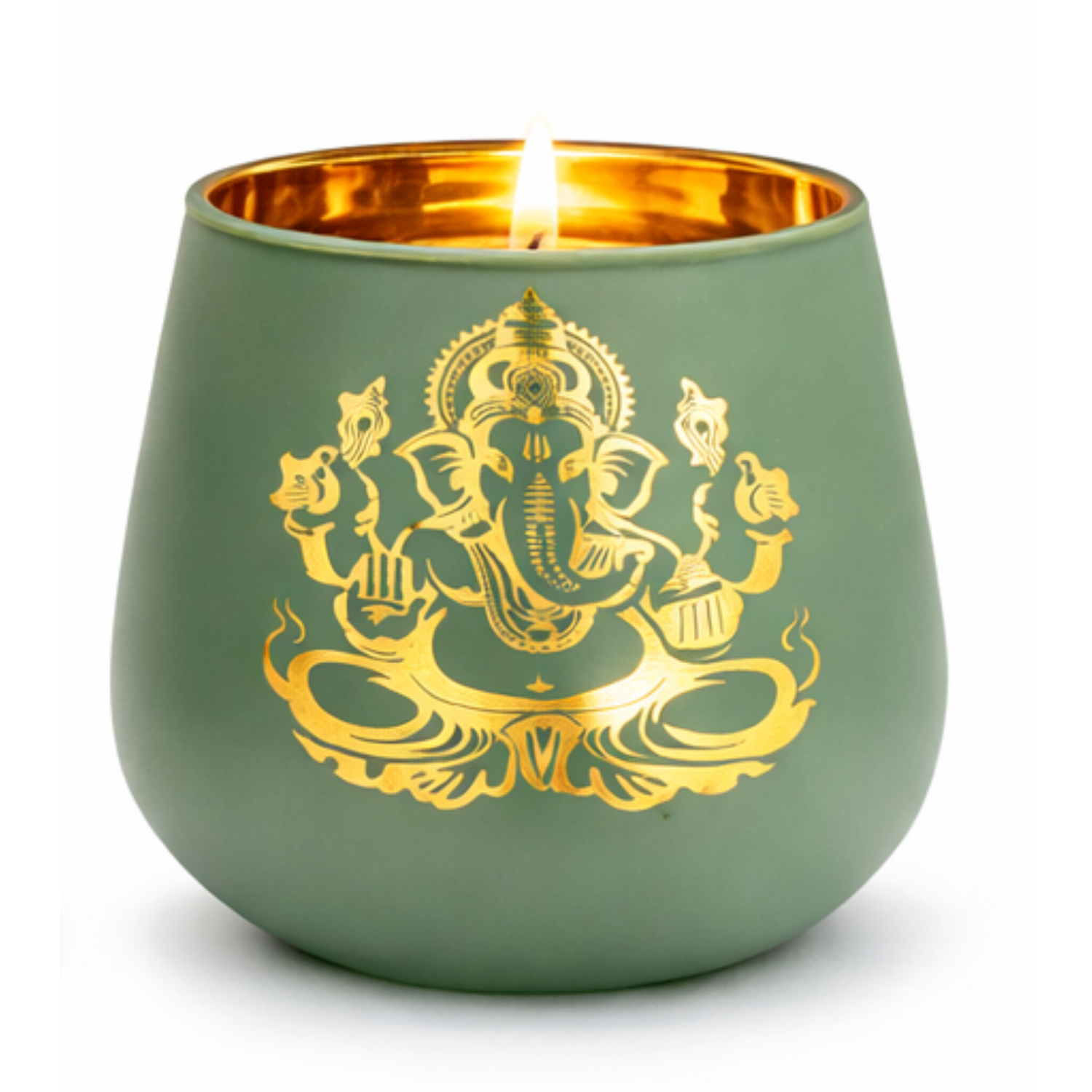 A green matte candle holder with a gold Ganesha design on the front, lit with a visible flame, set against a plain white background.