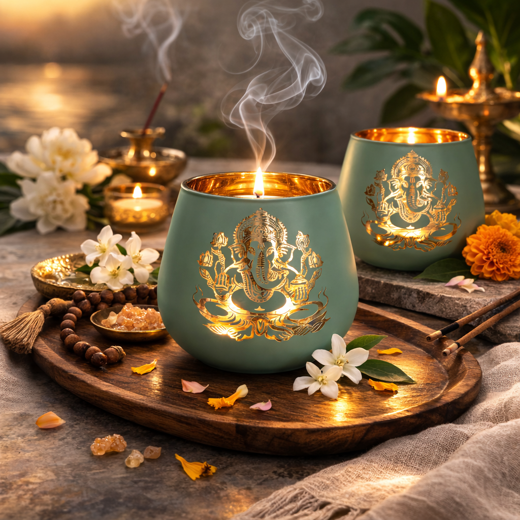 Teal candle holders with gold Ganesha design on a wooden tray with flowers and incense.