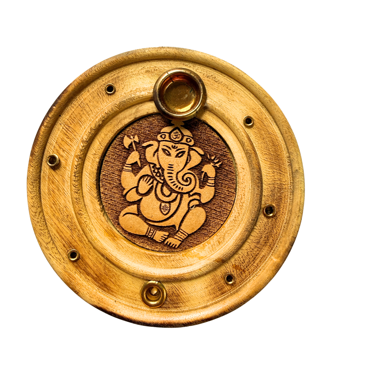 Ganesha Wood Round Laser Carved Incense Burner