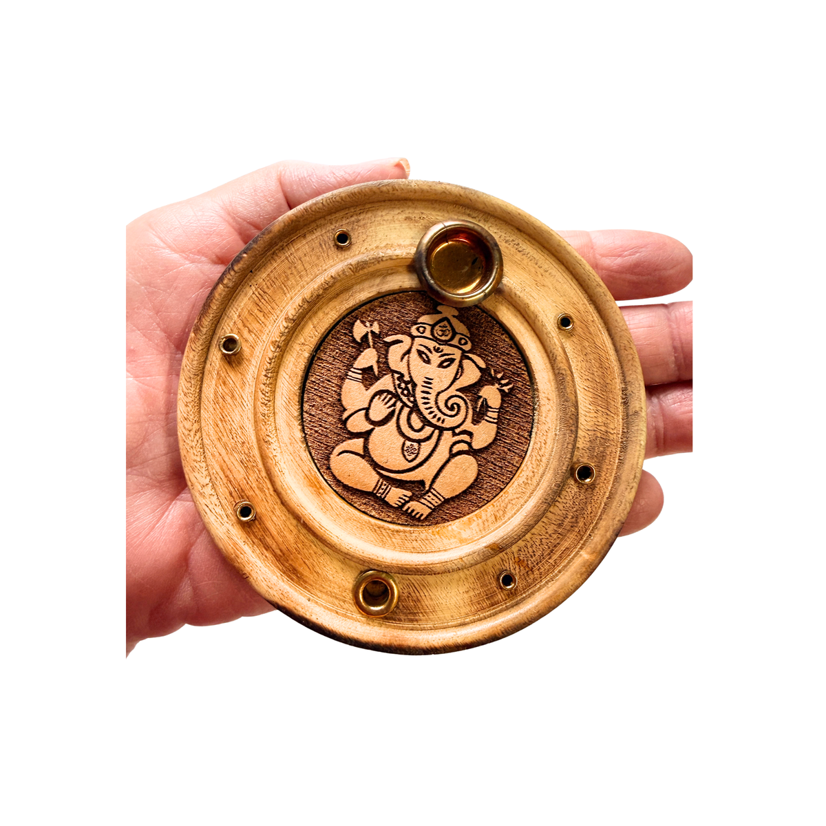 Ganesha Wood Round Laser Carved Incense Burner