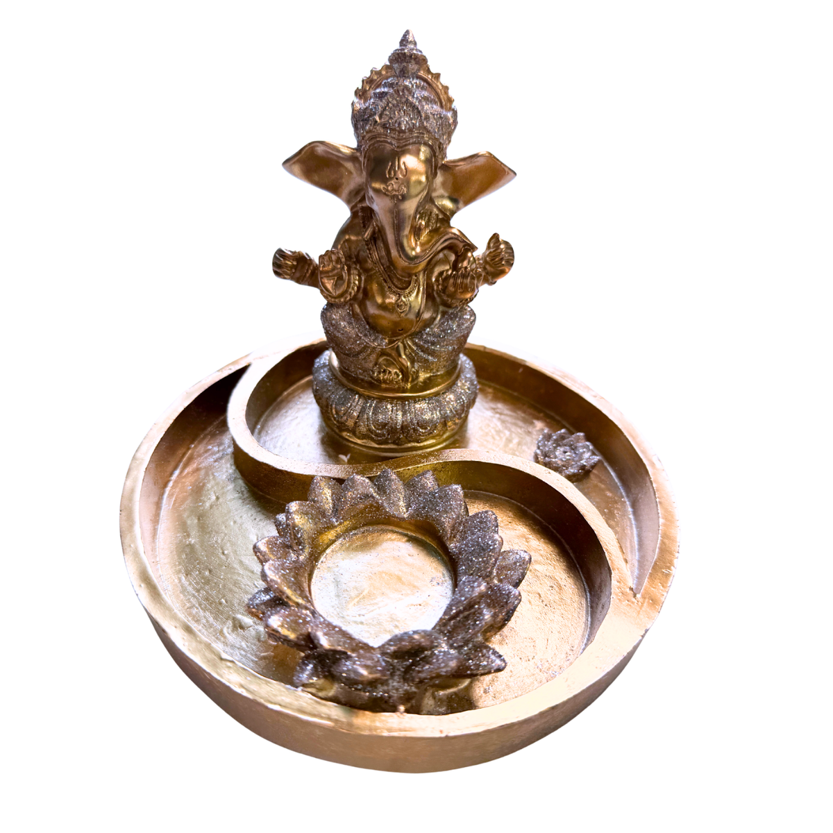 Gold-colored, sparkly Ganesha Yin-Yang Tealight and Incense Holder  on white background