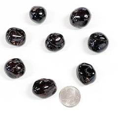 Black stones on a white background with a coin for scale