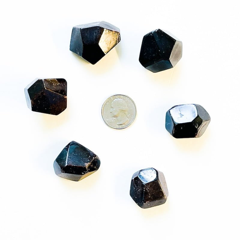Hexagonal black crystals on a white background with a coin for scale.
