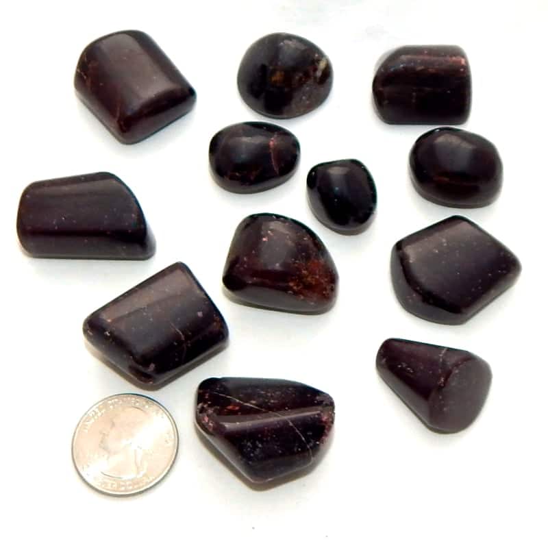 Dark brown stones on a white background with a penny for scale