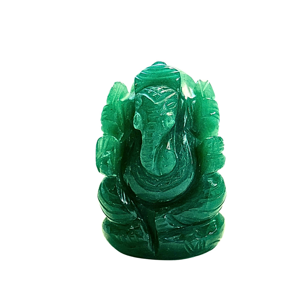 A carved green aventurine stone Ganesha figurine, shown against a plain white background.