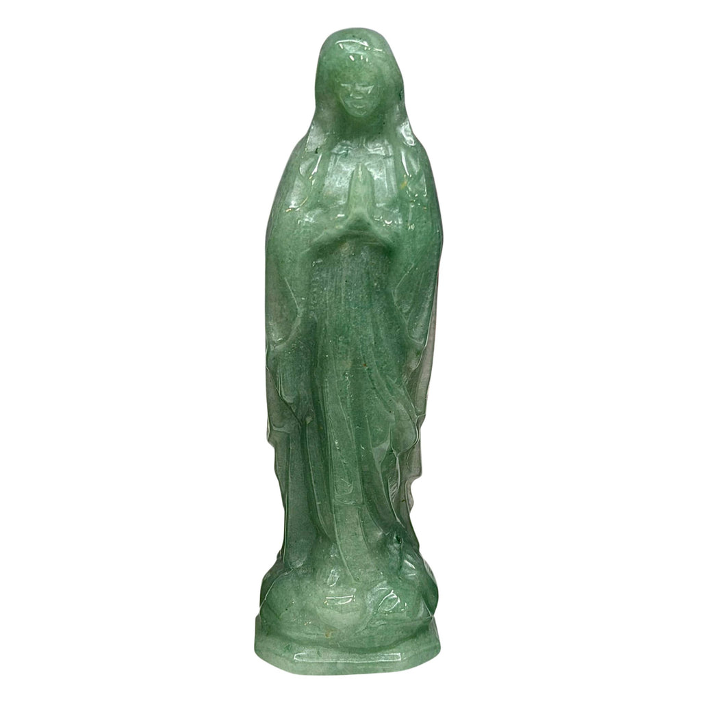 Three Green Aventurine Mother Mary Miraculous Medal figurines standing side by side on a white surface, with a purple background and decorative flowers behind and beside them. The text 'Aventurine' appears at the top.