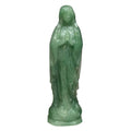Three Green Aventurine Mother Mary Miraculous Medal figurines standing side by side on a white surface, with a purple background and decorative flowers behind and beside them. The text 'Aventurine' appears at the top.