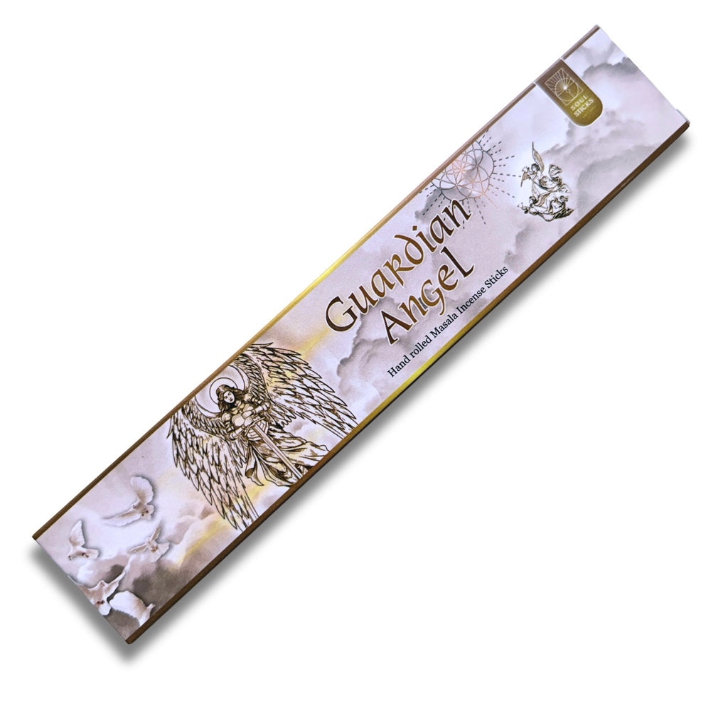 A long rectangular box of Guardian Angel Hand Rolled Sacred Incense Sticks, featuring gold lettering and angel illustrations on a soft cream and gold background, set against a plain white background.