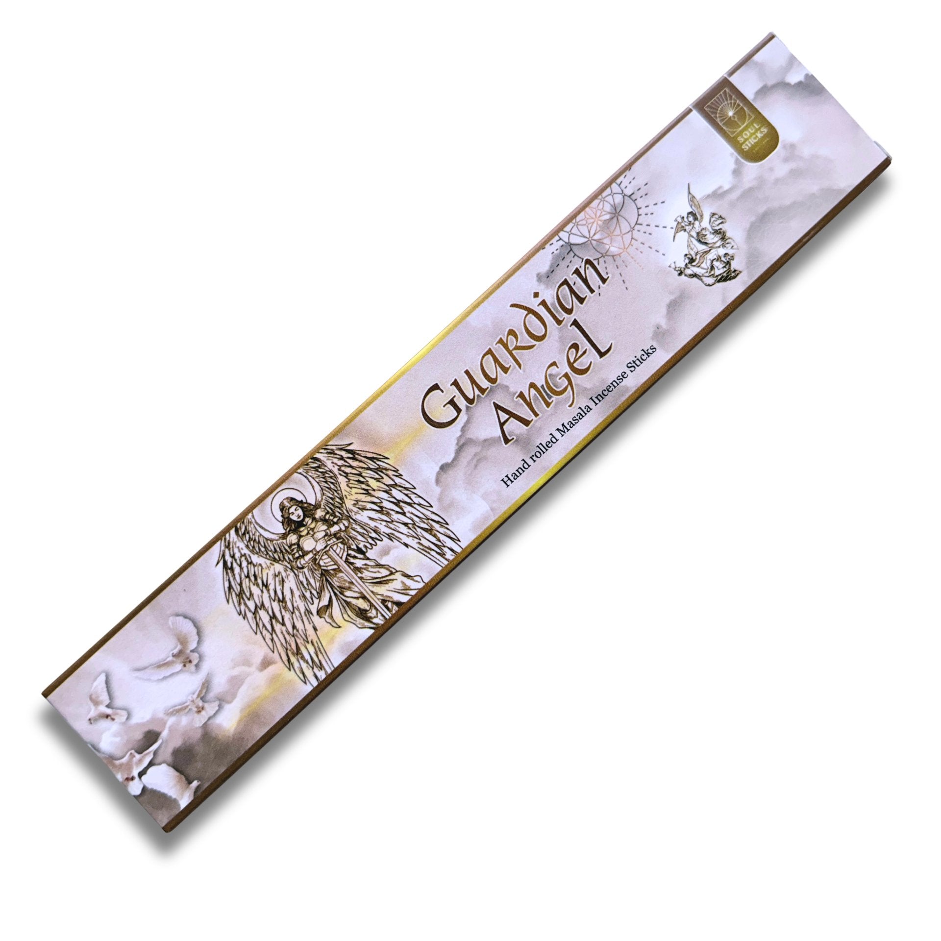 A long rectangular box of Guardian Angel Hand Rolled Sacred Incense Sticks, featuring gold lettering and angel illustrations on a soft cream and gold background, set against a plain white background.