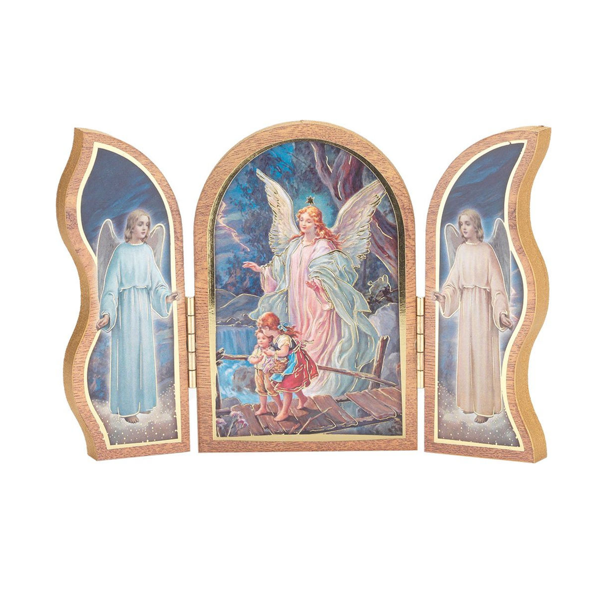 Guardian Angel Standing Natural Wood Triptych
