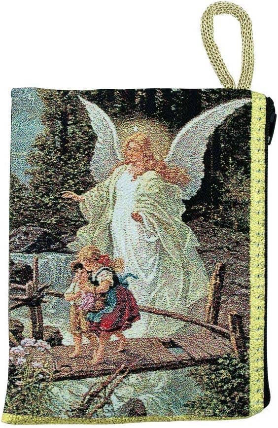 A rectangular woven tapestry zipper pouch with a gold loop at the top, featuring a guardian angel in a white robe guiding two children across a wooden bridge over water, surrounded by trees. The tapestry has a gold border and is shown against a plain white background.