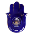 Blue Hamsa hand with an eye design on a white background
