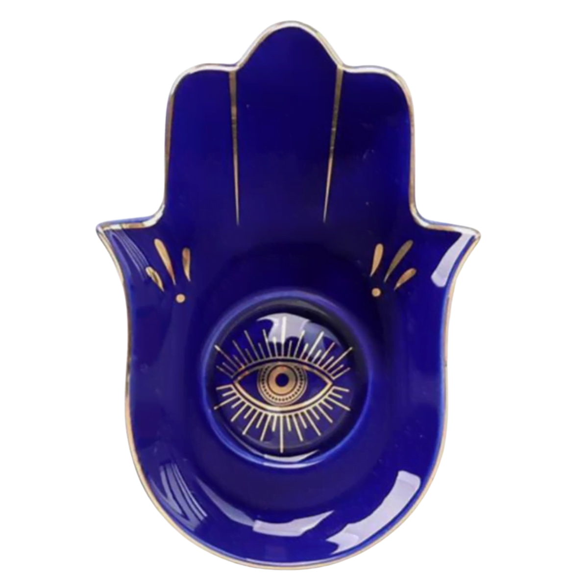 Blue Hamsa hand with an eye design on a white background