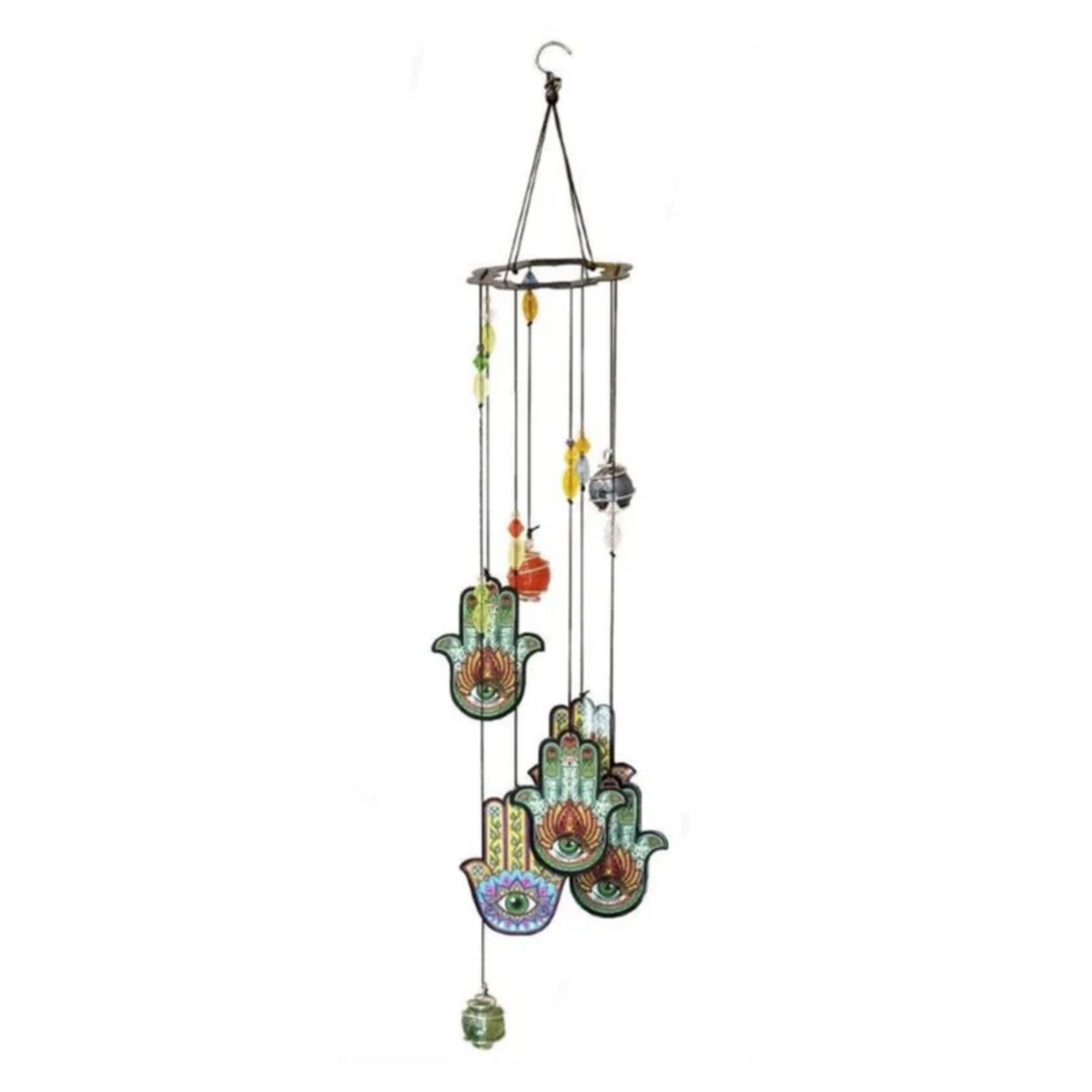 Decorative wind chime with colorful designs and hanging elements on a white background