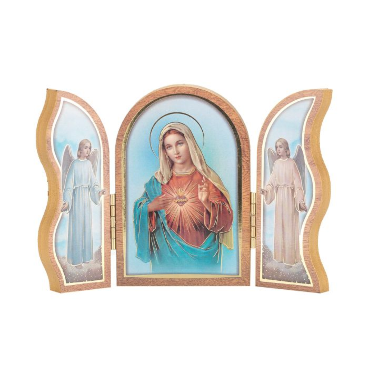 Immaculate Heart of Mary Standing Natural Wood Triptych