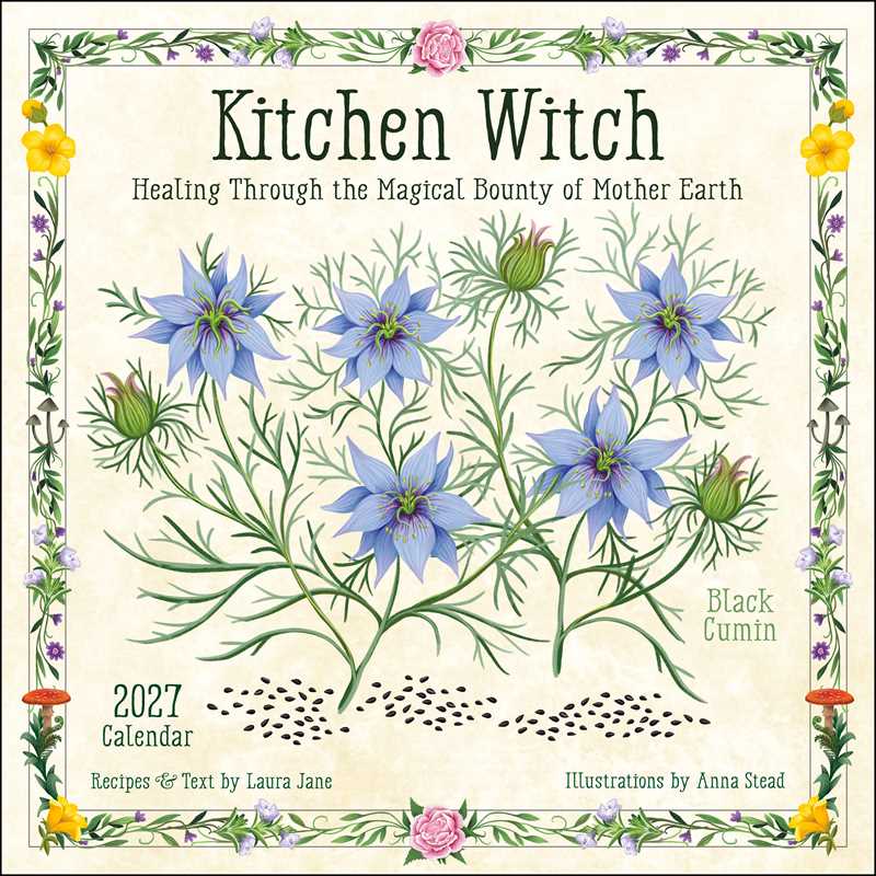 Calendar cover with floral design and text about 'Kitchen Witch' and 'Black Cumin'.