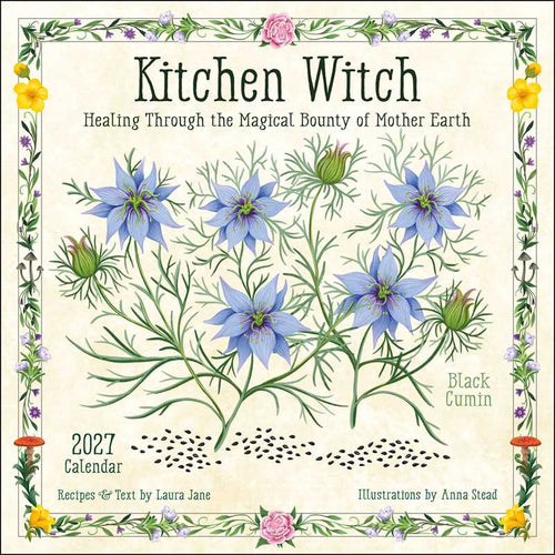 Calendar cover with floral design and text about 'Kitchen Witch' and 'Black Cumin'.