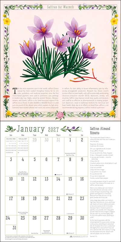 A printed calendar page showing a decorative spring spread at the top with purple flowers, green leaves, and floral border details, plus a January 2027 calendar grid and text below on a white page.