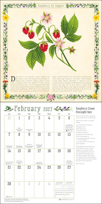 A vintage-style raspberry overnight gets calendar page featuring a botanical illustration of red raspberries, green leaves, and pink flowers with a decorative border, above a February 2027 calendar grid and text columns.