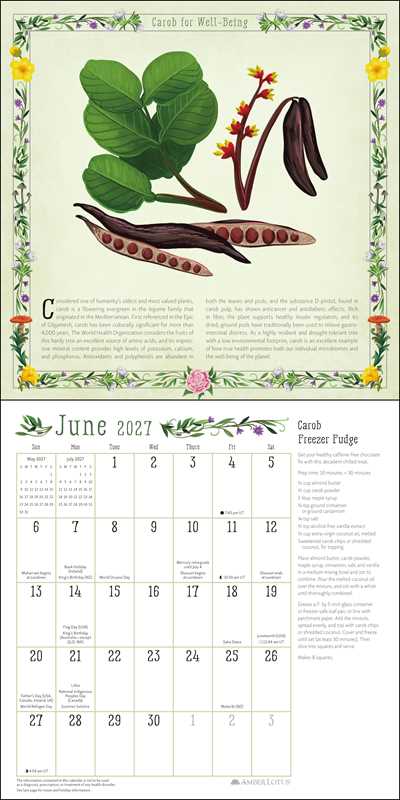 Calendar with botanical illustrations and June 2027 layout